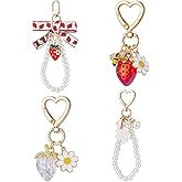 EVERJOYCRAFT 4pcs Strawberry Keychain Set with Blossom Daisy Imitation Pearl & Bow Cute Backpack Bag Charms Purse Accessories Small Gold Red and Pink Keychain Set Gift for Women