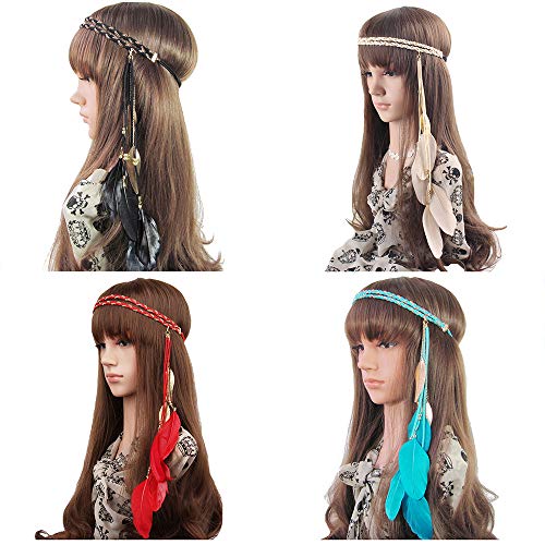 Feather Headband Hippie Indian Boho Hair Bands Tassel Bohemian Halloween Hair Hoop Women Ladies Crown Hairband Party Decoration Headdress Cosplay Costume Headwear Headpiece Hair Accessories Red - Thumbnail 3
