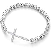 COOLSTEELANDBEYOND Womens Beads Link Chain Bracelet Cubic Zirconia Horizontal Sideway Cross, Exquisite