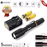 Vander 1000 Lumens T6 LED Zoomable Handheld Flashlight (Black,5 Modes with 18650 Charger and 2x Rechargeable Battery,Adjustable Focus Torch for Camping, Hiking, Hunting, Backpacking, Fishing and BBQ