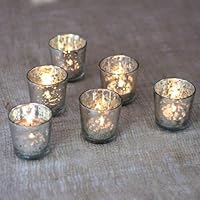 Luna Bazaar Vintage Mercury Glass Candle Holders (2.5-Inch, Lila Design, Liquid Motif, Silver, Set of 6) - for Use with Tea Lights - for Parties, Weddings, and Homes