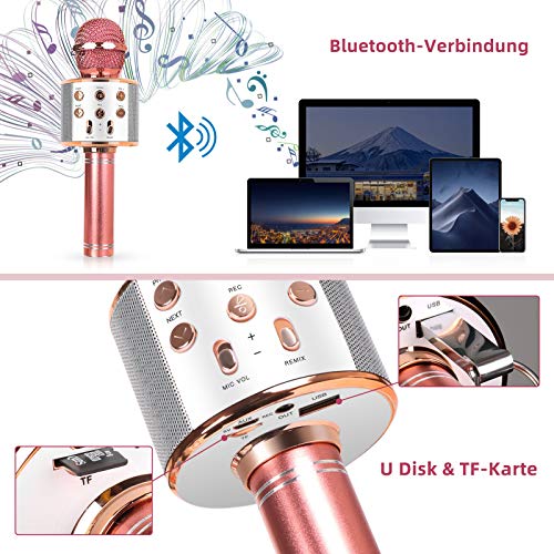MAEXUS Karaoke Mikrofon Kinder, Bluetooth Karaoke Mikrofon mit Lautsprecher Drahtloses Bluetooth Mikrofon für Kinder Karaoke Mikrofon für iPhone/Android/iPad/PC/U-Disk/TF-Karte, Rose Gold
