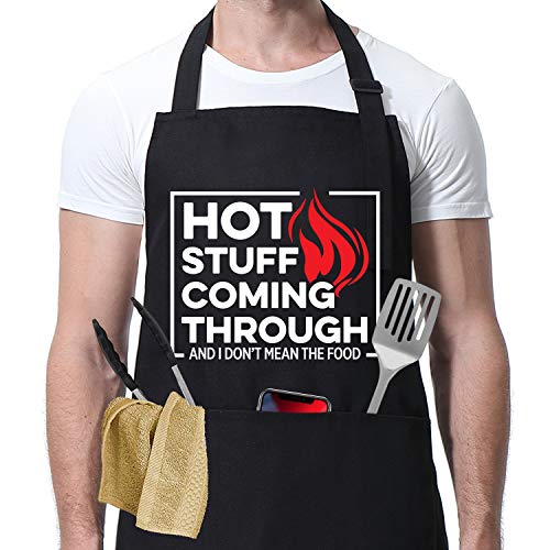 Hot Stuff Coming Through - Black Aprons for Men with 3 Pockets - Funny Birthday, Valentines Day Cooking Gifts for Men, Boyfriend, Him - Husband Valentine Gifts from Wife - Miracu Kitchen Chef Apron