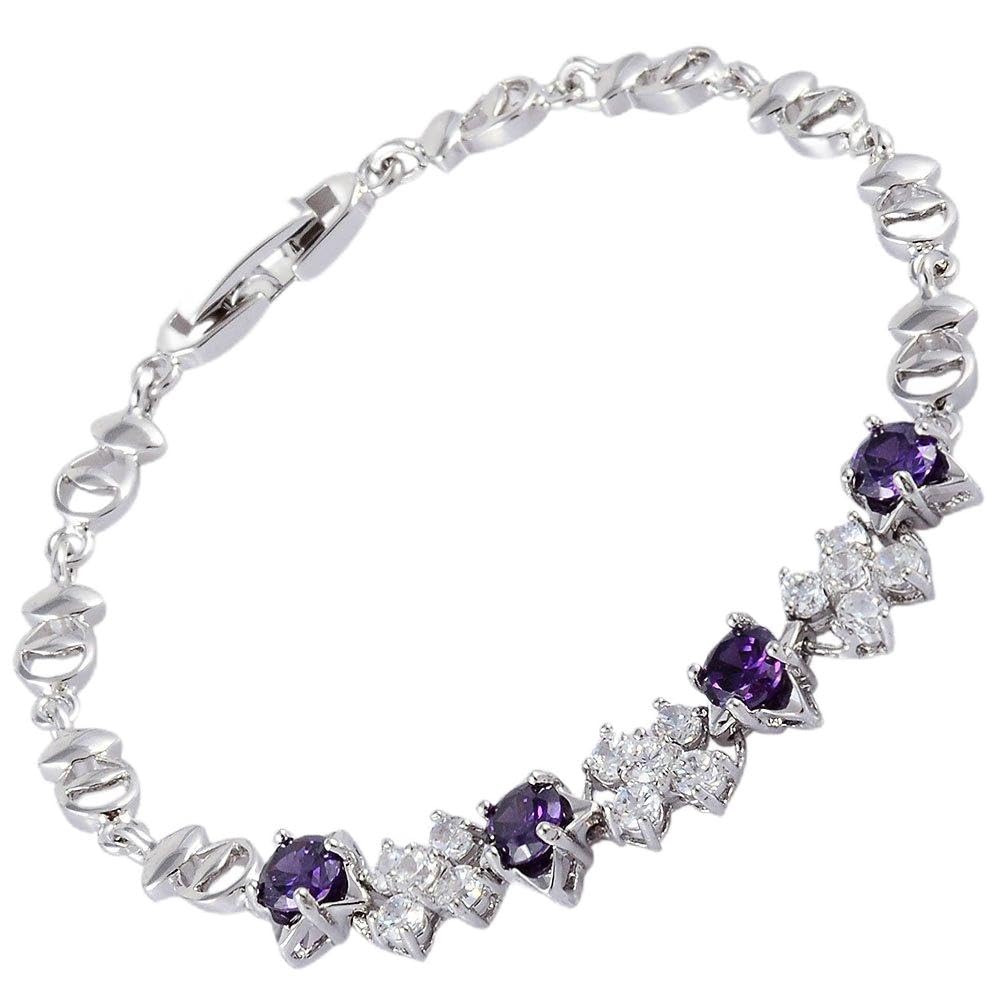 RIZILIA Tennis Bracelet [18cm/7inch] with Round Cut Gemstones CZ [Purple Amethyst] in 18K White Gold Plated, Simple Modern Elegance
