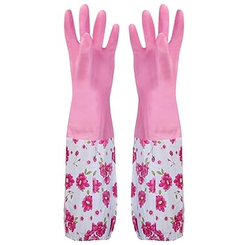Waterproof Household Glove, Non-Slip ?Long Sleeves Warm ?Cleaning Rubber Glove ??with Elastic Ribbon ?Dishwashing Glove? for Home Kitchen Cleaning?(Pink)