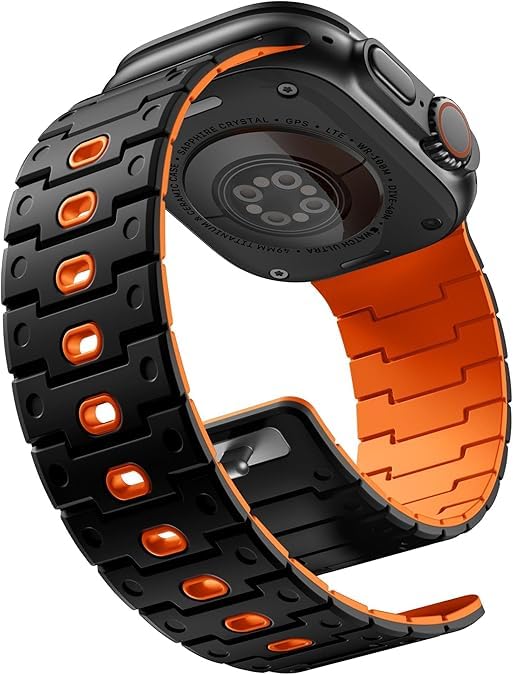 Photo 1 of Bandletic Watchband Compatible with Apple Watch Ultra Band/Apple Watch Ultra 2 Band - Durable Silicone Magnetic Bands for iWatch Series 10 46mm, 9/8/7 45mm, SE/6/5/4 44mm, 3/2/1 42mm, Black/Orange