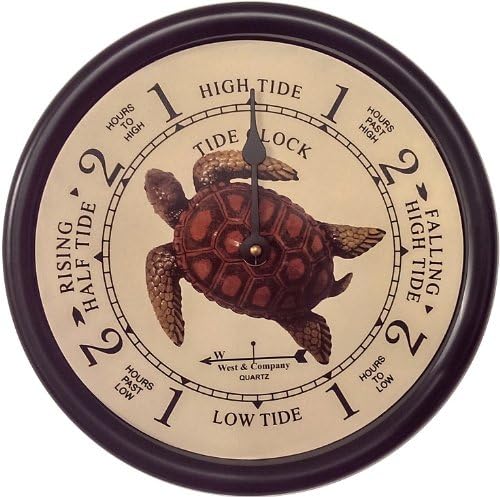 West & Company Black Tide Clock with Protective Lens and Sea Turtle dial - 9 1/2" Nautical Beach Décor
