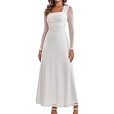 GLNEGE Fall Long Sleeve Wedding Guest Maxi Long Dress Mesh A-Line Flowy Square Neck Ruched Cocktail Dresses for Women