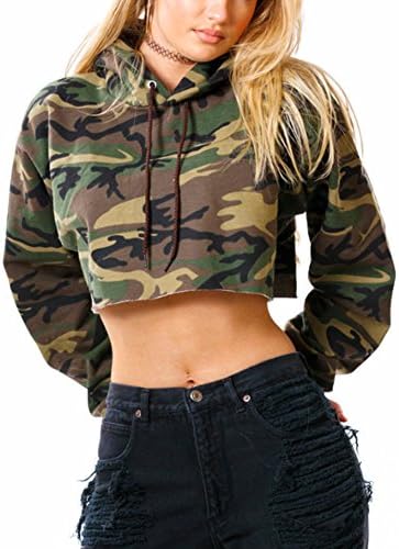 Lurdarin Womens Polyester Hooded Camouflage Sweatshirt Pullover Long Sleeve Crop Top Hoodie