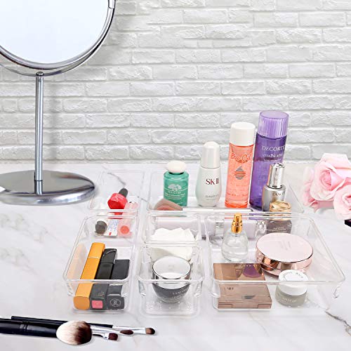 Puricon Desk Drawer Organizers (7 Pieces), Clear Versatile Polystyrene Storage Bins Vanity Trays Makeup Organizer Dividers for Bedroom Dresser Bathroom Kitchen Office -Clear - Thumbnail 4