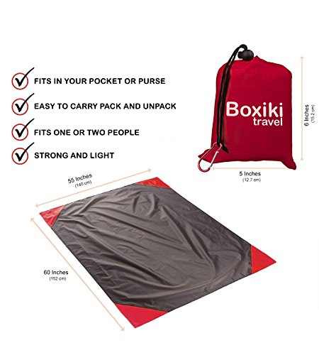 Compact Waterproof Pocket Beach Blanket by Boxiki Travel. Portable Lightweight Folding Tarp with Red Travel Case. Outdoor Picnic Camping Blanket with Easy Attachment Clip