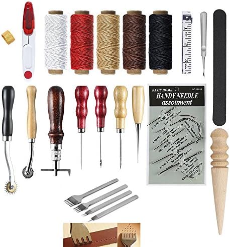 Langcal 29 Pcs Leather Craft Tools,Craft Leather DIY Hand Stitching Sewing Tool Set Upholstery Repair Kit Including Sewing Needles,Upholstery Thread,Drilling Awl,Thimble,Stitching Chisel Set