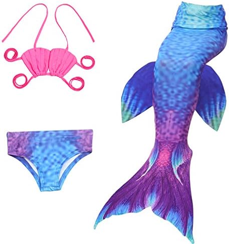 Wentas Girls Princess Sparkle Mermaid Tail 3pcs Sets Swimmable Bikini Swimwear, Sea&amp;Purple 120