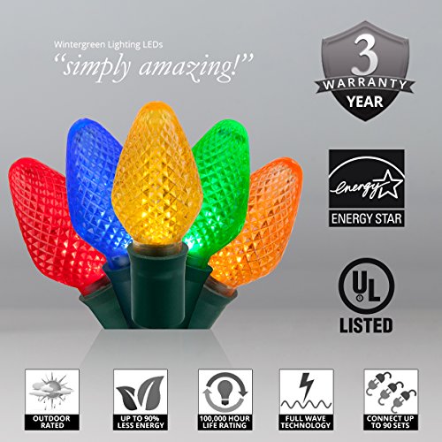 C7 LED Faceted Multicolor Prelamped Light Set, Green Wire - 25 C7 Multi Color LED Christmas Lights, 8" Spacing