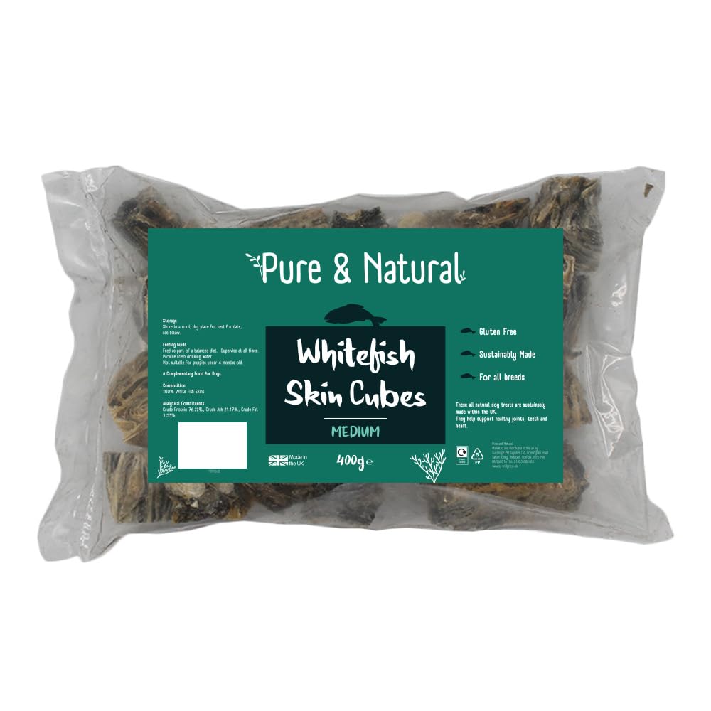 Pure & Natural Medium Whitefish Skin Cubes - Medium Fish Cubes for Dogs, Low Fat Dog Chew & Gluten Free Dog Treats Fish, High Protein Fish Skins for Dogs - 400g Bag