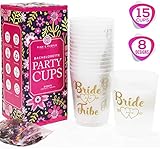 BACHELORETTE PARTY CUPS [Set of 15] + BONUS Confetti - Bride and Team Bride Tribe Cups for Bachelorette Party Decorations | She Said Yaaas + More | Bridal Shower Decorations and Hen Party Supplies