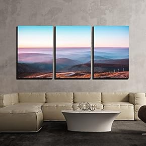 3 Piece Canvas Wall Art - Landscape with Mountain at Dusk - Modern Home Art Stretched and Framed Ready to Hang - 16"x24"x3 Panels