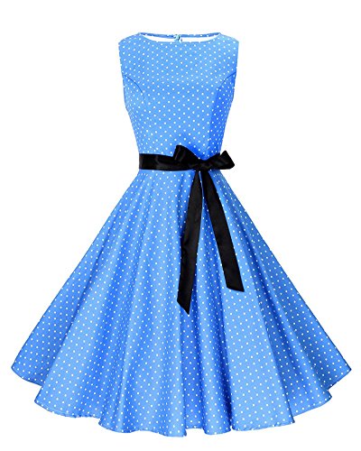 HASKAS Women's Classy Audrey Hepburn 1950s Vintage Rockabilly Swing Dress,X-Large,Blue&SmallWhiteDots