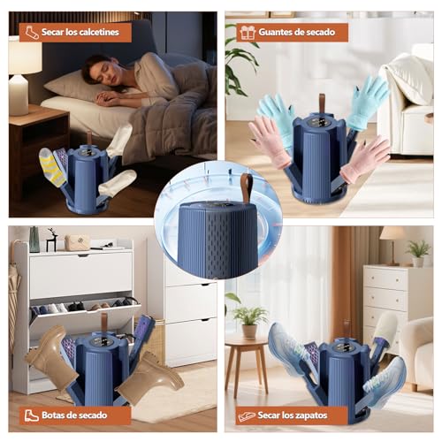 Secador de Zapatos - (4 Puertos de Secado), Temperatura Constante de 48 ℃, Programar Tiempo 1/3/6H, Desodoriza y Funciona de Forma Silenciosa, Secador Portátil, para Guantes/Calcetines/Zapatos