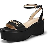 Junayuan Womens Platform Sandals Chunky Wedges Heels Open Toe Ankle Strap Summer Dress Shoes with Metal Buckle, Black, Size 10