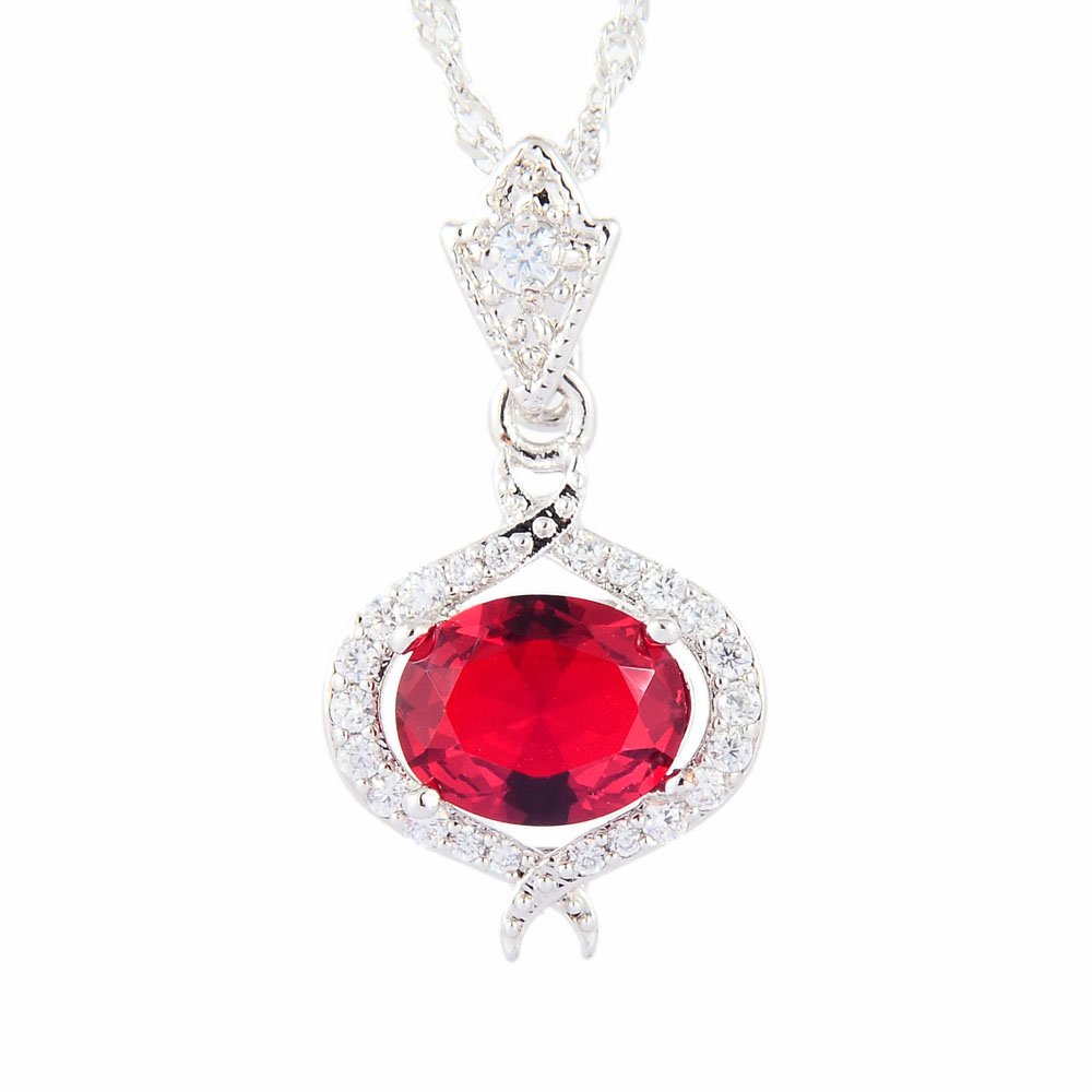 RIZILIA Pendant with 45cm(18") Chain & Oval Cut Gemstones CZ [Red Ruby] in 18K White Gold Plated, Simple Modern Elegance