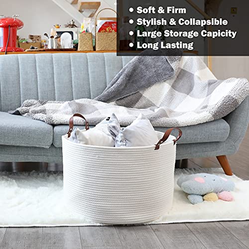 Haidms Extra Large Blanket Basket Xxl Cotton Rope Basket Woven Storage Basket Collapsible Laundry Basket White Toy Basket With Leather Handles 20 X20 X13 Pricepulse
