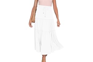 BORNIU Women's Boho Long Skirts Summer Elastic High Waist A-Line Pleated Flowy Ruffle Hem Swing Beach Holiday Maxi Skirt