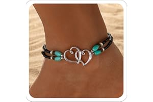 ANGLEQUEEN Elastic Beaded Ankle Bracelets for Women Double Heart Layered Stretch Ankle Bracelets Waterproof Dainty Boho Beaded Anklets for Summer Beach Foot Jewelry
