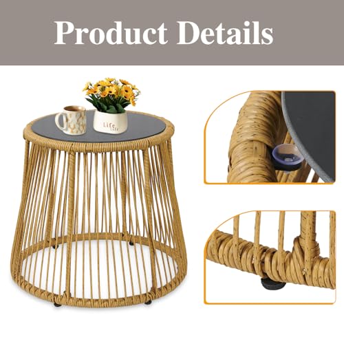 YIYAN 3 Piece Patio Bistro Set, Wicker Outdoor Patio Set with Enhanced Comfort Seating, Round Glass Top Coffee Side Table, Patio Rattan Conversation Set for Balcony, Lawn, Garden, Backyard (White)