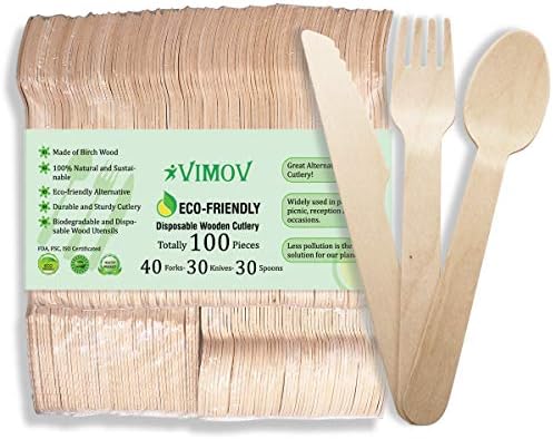 VIMOV Disposable Wooden Cutlery Set, 100 Pieces Eco-Friendly Biodegradable Utensils for Party, Camping, Picnics, BBQ, Event (40 Forks, 30 Knives, 30 Spoons)