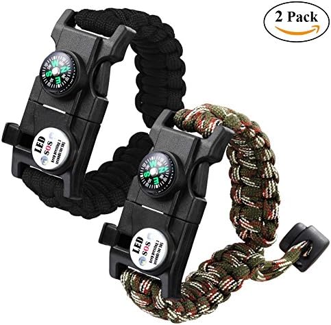 HONG111 20 in 1 Survival Bracelet, Paracord Bracelet Kit with Waterproof SOS LED Light, Compass, Emergency Knife, Whistle, Fire Starter for Camping (Black + Army Green Camo)
