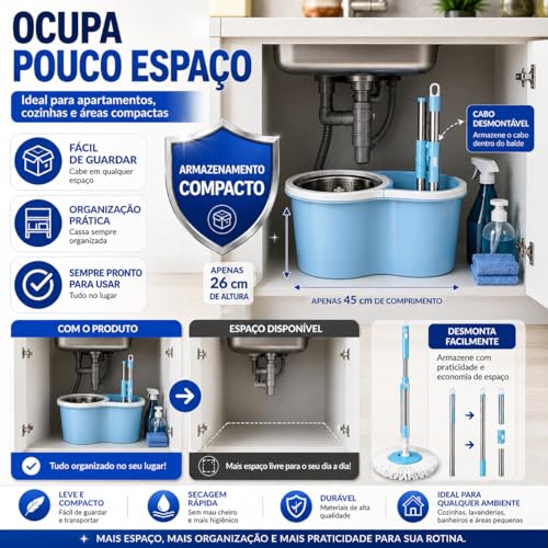 Mop Giratório com Balde e Centrífuga 360 com Cesto em Inox, 8 Litros, Sistema Lava e Seca, Eficiência e Durabilidade na Limpeza Diária de Todos os Tipos de Piso Para sua Casa