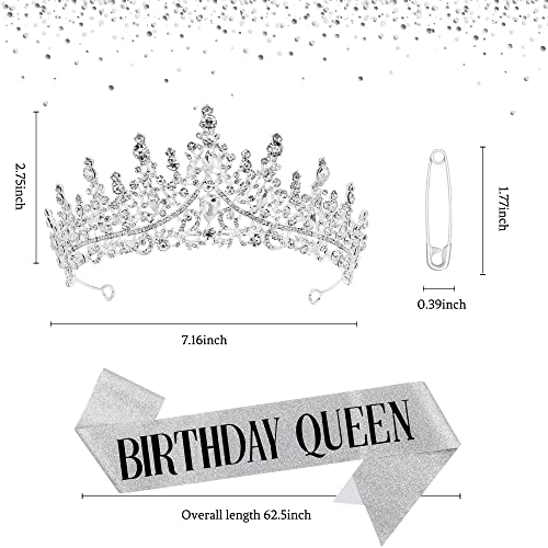 Birthday Crown for Women Happy Birthday Queen Sash Crystal Birthday Tiara Crowns for Girls Rhinestones Headband Gift Party Birthday Decoration Set (Silver) Summer