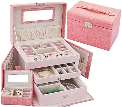 Portable Fashion Jewelry boxes Girls Travel Lockable Jewelry orgnizer Makeup Storage Display Case With mirror For rings earrings necklace-D 20x15x13cm(8x6x5)