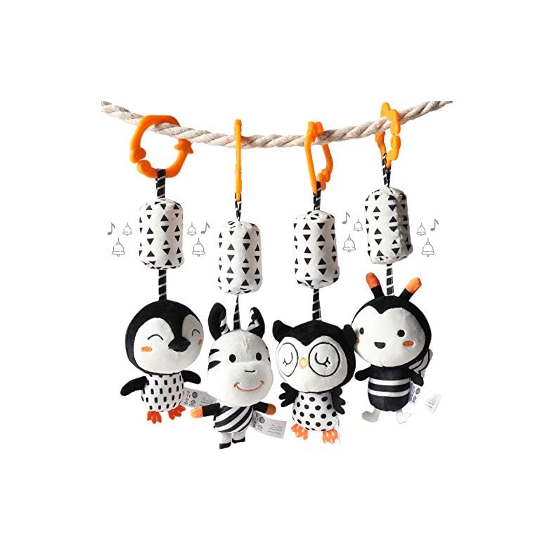 TUMAMA Black and White Baby Toys for 3 6 9 12 Months,Plush Hanging Rattles,Newborn Stroller Toys for Boys and Girls,4…