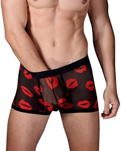 Men's Sexy Underwear, Mesh Boxer Briefs Sheer Clubwear Transparent See Through Shorts Hot Lip Print Underpants (XXL, Black)