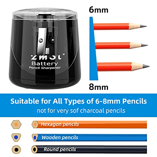 ZMOL Battery Powered Electric Pencil Sharpener,Small Battery Operated Colored Pencil Sharpeners Portable for Kids,Fast Sharpen, Suitable for No.2/Colored (6-8mm), School/Classroom/Office/Home Black