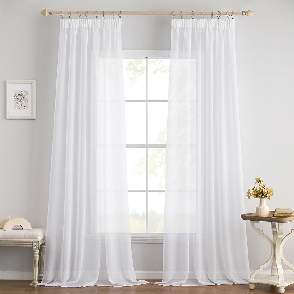 EMEMA Set of 2 Sheer Voile Curtains with Ruffle Tape, Transparent Voile Curtain, Polyester, Transparent, Living Room, Airy Decorative Curtain for Bedroom, 140 x 280 cm (W x H), White