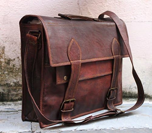 Handmade genuine 15 inch brown real leather messenger laptop briefcase shoulder computer office bag mens womens