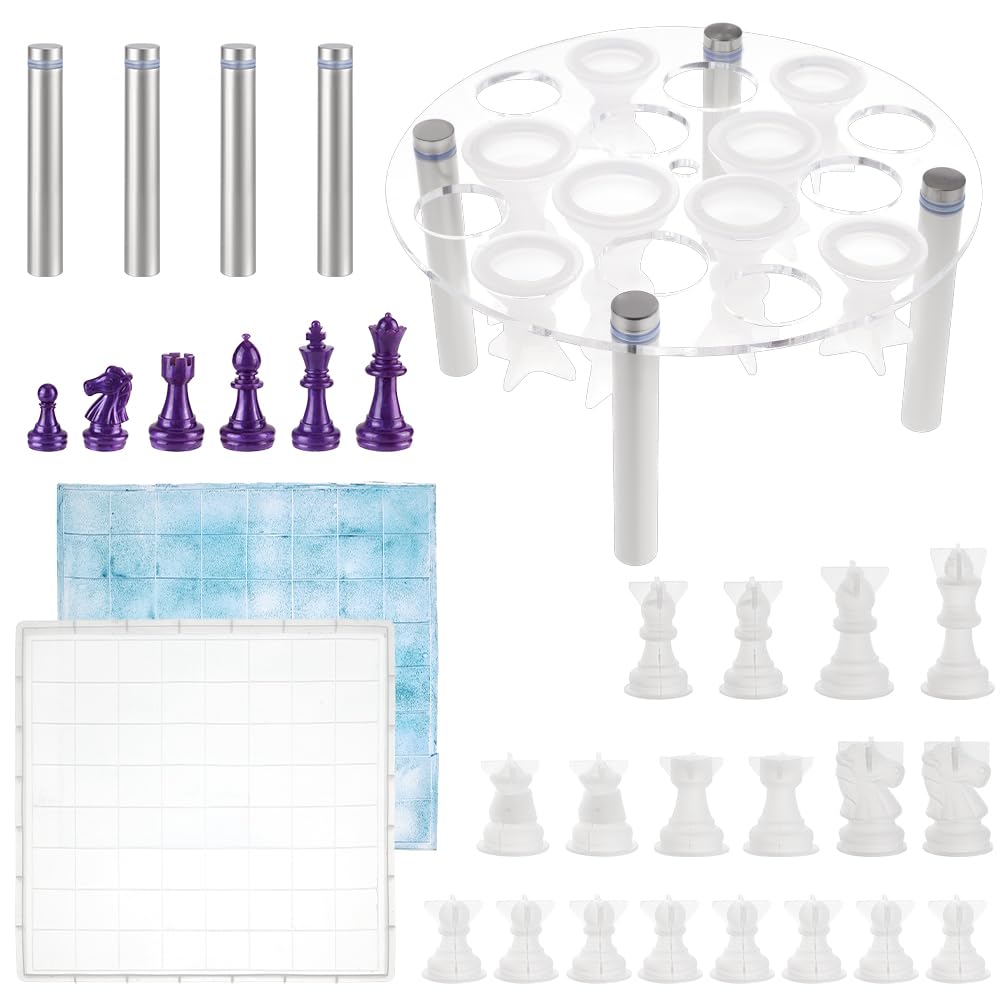 BENECREAT Chess DIY Kit with 1 Round Chess Piece Holder, 1 Chess Board Molds and 16 Silicone Chess Piece Molds for Family Party Board Games and Home Decoration