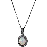 Opal Diamond Oval Shape Pendant Necklace- Genuine Opal Gemstone and Champagne Diamonds- Sterling Silver 925- October Birthday Birthstone Gift Idea