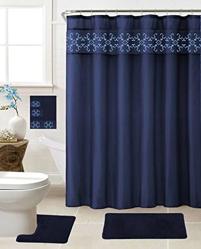 Effiliv 18-piece Bathroom Set: 2-rugs/mats, 1-fabric Shower Curtain, 12-fabric Covered Rings, 3-pc. Decorative Towel Set, Dark Blue