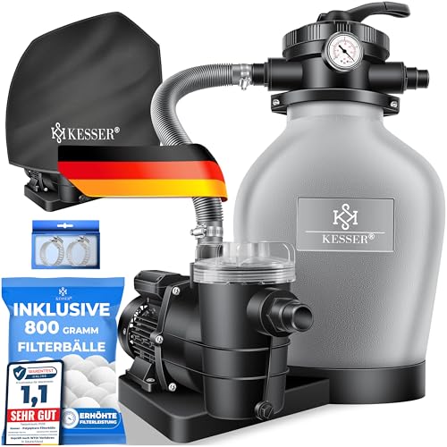 KESSER® Sandfilteranlage + 700g Filterbälle ersetzen 25kg Sand Filter 7-Wege-Ventil mit Druckanzeige Poolfilter 10m³/h Filterkesselanlage für Pool 10.