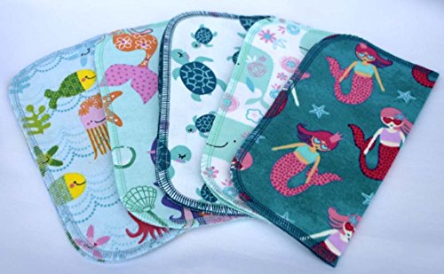 1 Ply Printed Flannel Washable, Mermaid and Friends Set Napkins 8x8 inches 5 Pack - Little Wipes (R) Flannel