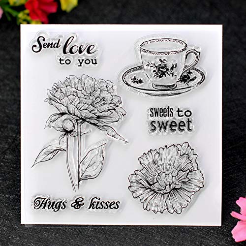 KWELLAM 4pcs/Lot Flowers Cherry Blossoms Love Hugs Kisses Sweet Tea Cup Stamp Rubber Clear Stamps for Photo Album Decorative Card Making and DIY Scrapbooking - Thumbnail 4