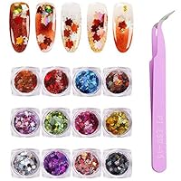 DAGEDA 12 Boxes Leaf Sequins Laser Nails Art Glitters Thin Paillette Flakes Stickers Colorful Confetti Sticker Manicure Nail Art Supplies Christmas Nail DIY Manicure Decals Decoration- Fall Leaf Mixed
