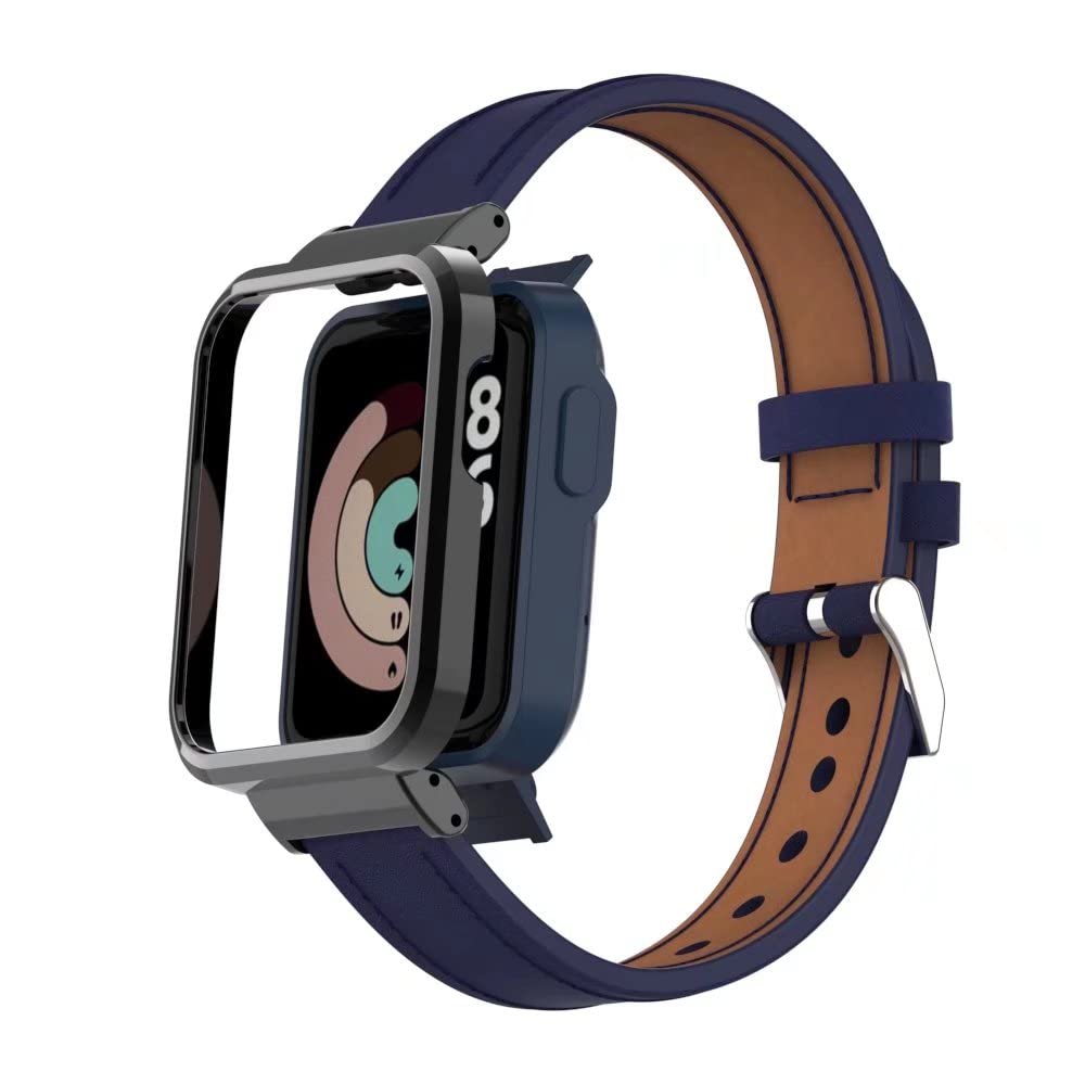 T-BLUER Compatible with Xiaomi Mi Watch Lite/Redmi Watch Lite Straps, Replacement Leather Strap Accessories with Metal Frame for Redmi Watch Lite Fitness Tracker, Navy Blue