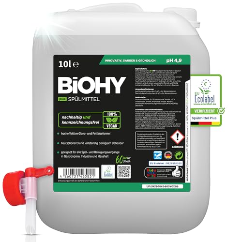 BiOHY Spülmittel Plus (10 Liter Kanister) + Auslaufhahn| Bio Flüssig-Konzentrat für Geschirr mit EU Ecolabel| Extra Kraftvoller Fettlöser| für Spülmittelspender