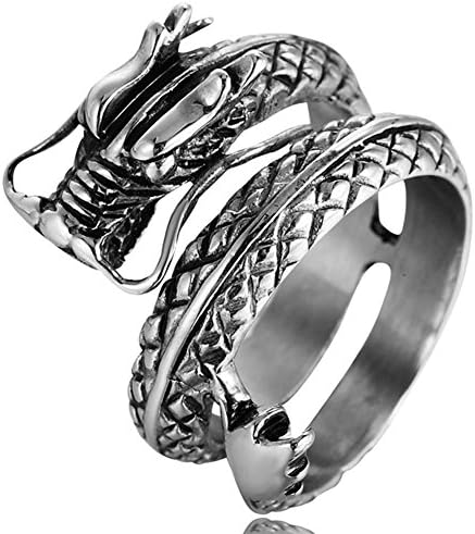 SAINTHERO Men's Vintage Gothic Stainless Steel Band Rings Silver Black Chinese Dragon Punk Biker Rings Size 7-13