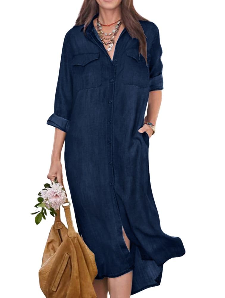 Photo 1 of chouyatou Women's Summer Casual Denim Shirt Dress Roll Up Long Sleeve Loose Maxi Shift Jean Dress (Medium, Dark Blue)